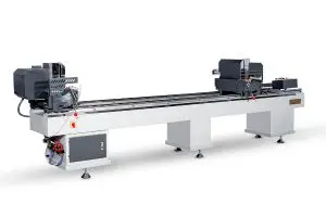 Features The machine is used for cutting 45°～90° in upvc profiles. It can cut upto 112mm width which includes 3 track profile as well. Tilting heads 45°/ 90° made very easy at finger tips with semi automatic operation. Pneumatic driving system is used for clamping & feeding operation, while electrical system operating with dual 1.5KW motors are used for precision cutting of profiles. Safety grills ensure safer working with peace of mind. Perfect blade setting gives high accuracy and top class performance. A Digital Display can be added at additional cost to this machine if you need Digital Display Control
