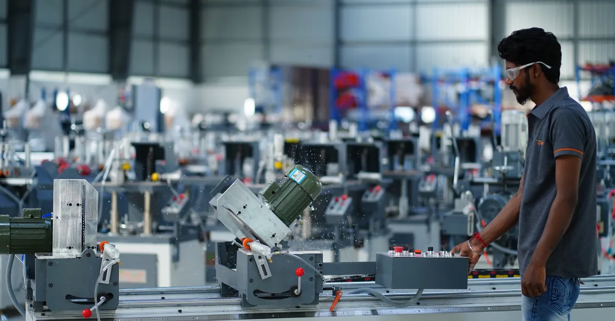 About Howzzat Impex 4 UPVC welding machines on the production line at Howzzat Impex, Pollachi